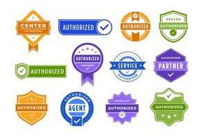 Authorized badge. Checked dealer, official agent or partner tag and service center authorization approved mark set vector
