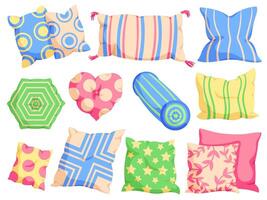 Cartoon cushion. Comfy pillow for bed and couch, bedroom textile and different shape pillows set vector