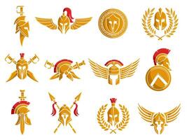 Spartan helmet emblem. Warrior armor with wings and weapon, gladiator tattoo and round shield Illustration set vector