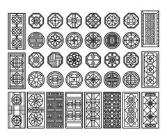 Traditional korean window pattern. Circle ornament, rectangular geometric cutter decor and asian graphic design element set vector