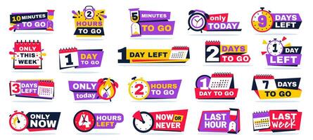Countdown timer badges. Minutes clock, hours tag and days to go, time left and only this week banners with calendar icon set vector