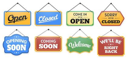 Store door sign. Come in were open and closed signboard note, opening and coming soon, welcome and well be right back set vector