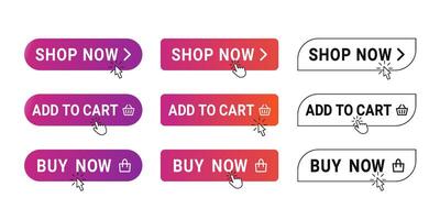 Buy buttons. Shop now banner with mouse click, shopping cart icon and buying with hand pointer cursor set vector