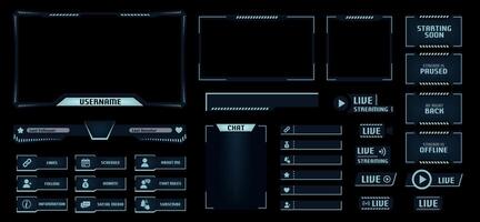 Night mode stream overlay. Dark theme gaming template with game screen, live chat and webcam frames. Panels buttons and donation bar set vector