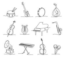 One continuous line musical instruments. Instrumental music, different concert sounds icons hand drawn illustration set vector
