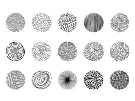 Abstract hand drawn scribble shapes. Minimalist circle background with doodle pattern, spiral hatching lines and curl curves set vector