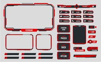Red stream overlay theme. Webcam border, game screen template and donation panel. Stream is offline, paused and starting soon set vector