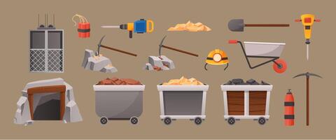 Cartoon mining elements. Mine cave entrance, mining elevator and tools. Wagons with gold and coal illustration set vector