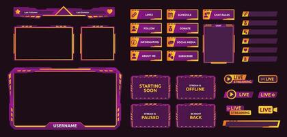 Gaming stream overlay. Futuristic UI graphic frames for game screen, neon color camera border and live chat template. Follow and donate buttons set vector