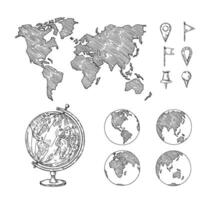 Sketch globe maps. Hand drawn earth lands, doodle world map with continents and oceans. Geography illustration set vector