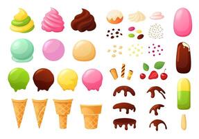 Create your own ice cream. Sundae constructor with different flavours, waffle cone, chocolate topping, sprinkles and berries set vector