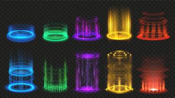 Magic portals. Aura glow effect, vertical teleport portal beam and futuristic light illustration set vector