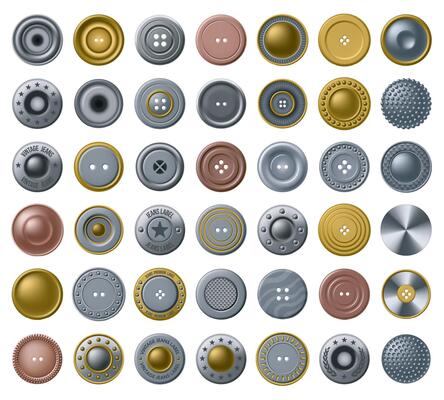 Realistic buttons for clothes. Vintage metal fastener, denim accessory button and top view antique bronze garment fasteners set