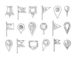 Hand drawn pin and flag. Doodle navigation pins, sketch location marker or gps position icon for maps illustration set vector