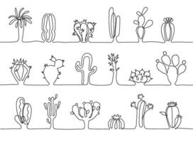 One continuous line cactus stripes. Hand drawn botanical plants, different types of mexican desert cactus illustration set vector