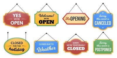 Hanging door sign. Sorry, event is canceled or postponed label, closed for holiday or temporarily, welcome were open and closed due to weather set vector