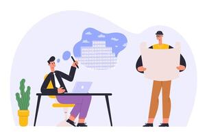 Architect people occupation. Man sitting at desktop with laptop and designing block of flats. Colleague character vector