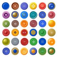 Color buttons for clothes. Realistic plastic fastener, sewing button and tailor clothing accessory set vector