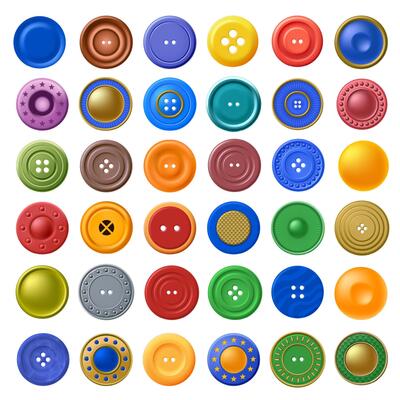 Color buttons for clothes. Realistic plastic fastener, sewing button and tailor clothing accessory set