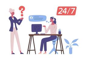 Personal assistant, call center customer support network services. Woman hotline operator in headset sitting at desk vector