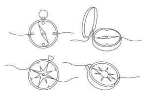 Traveller compass of different design. Single one line drawing equipment for exploration and navigation. Continuous line vector