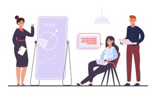 Teamwork business meeting. Female employee having presentation in front of colleagues. Office worker showing plan vector