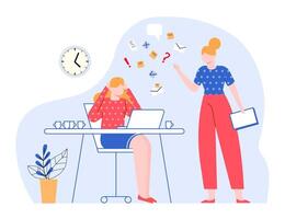 Woman at work place working under stress and pressure. Anxious office worker having different tasks. Manager shouting vector