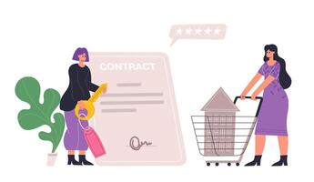People buying residential property concept. Estate agent with key from new house. Woman with building in cart, signing contract vector