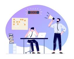 Time management concept. Manager with loudspeaker having pressure on worker. Stressed employee with headache vector