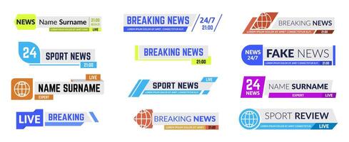 Television broadcast bar illustration set. Breaking news, sport review. Live show or program frame template vector