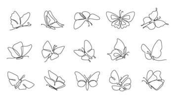 Single line butterfly. Flying moth, spring butterflies and fluttering papillon isolated outline illustration set vector