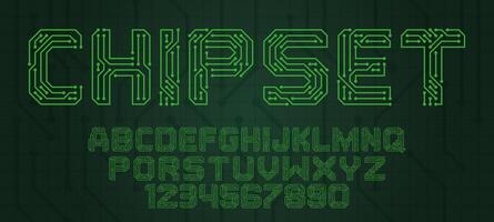 Digital chip circuit font. Tech typography, alphabet letters and numbers stylised as circuit board tracks. PCB technology and computer engineering lettering set vector