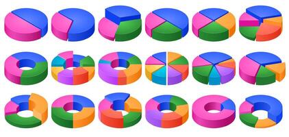 Isometric colorful pie charts. Data visualization, percentage share stats and volume segments circle chart 3D illustration set vector