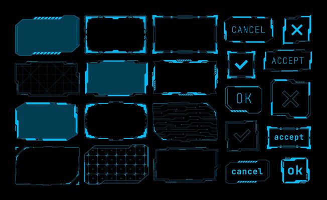 Futuristic frames. Cyberpunk electronic background and futuristic UI buttons. Sci Fi technology interface set