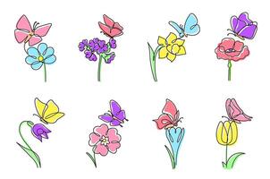 One line flowers with butterflies. Daffodil and tulip with butterfly on top, blooming flower and minimalistic spring illustration set vector