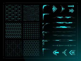 Sci fi UI design elements. Cyberpunk grid background textures, futuristic divider borders, abstract HUD corners and arrows set vector
