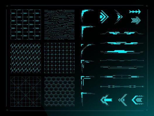 Sci fi UI design elements. Cyberpunk grid background textures, futuristic divider borders, abstract HUD corners and arrows set