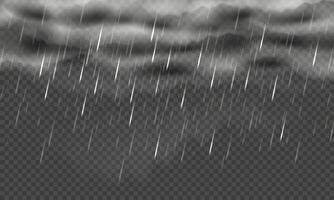 Raining day background. Wet weather, rainy sky with clouds and falling raindrops. Isolated rainfall overlay realistic illustration vector