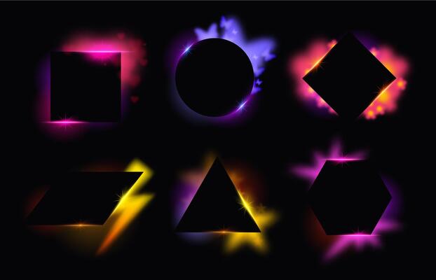Frame with backlight. Retro glowing geometric shapes, abstract neon frames with hearts, butterflies, stars and lightning glow set