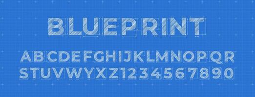 Blueprint lettering. Construction engineer font, architectural alphabet letters and numbers on blue measurement grid background. symbols set vector