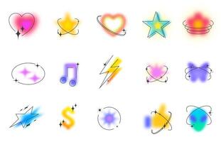 Blurred gradient shapes. Minimalist y2k aesthetic heart, retro butterfly and flower, sparkling star, blurry alien and music icons set vector