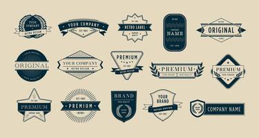 Premium badges. Retro brand name label, emblem design template and seal stamp banner frame set vector
