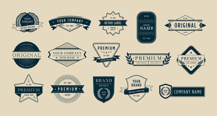 Premium badges. Retro brand name label, emblem design template and seal stamp banner frame set