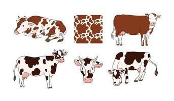 Cartoon cows. Animal from milk farm, lying and standing cattle with texture of cow spots pattern illustration set vector