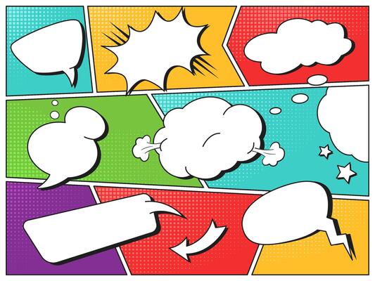 Comic magazine dialogue layout. Comic book grid with popping speech balloons frames, pop art template