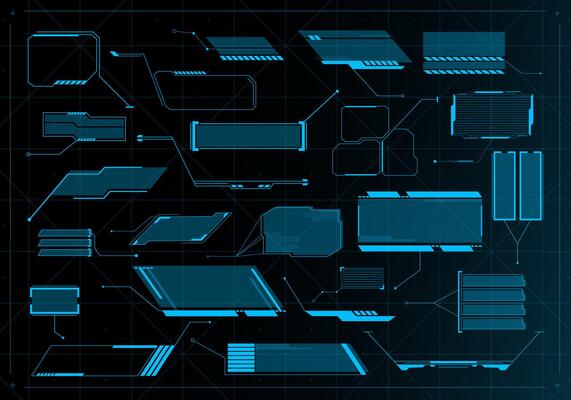 Futuristic callout title banners. Digital frame boxes, cyberpunk style description background and cyber tech HUD info screen pop-up bar set