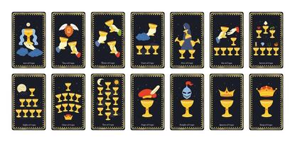 Minor arcana cups tarot cards. King, queen, knight, page and ace of cups, esoteric deck for divination illustration set vector