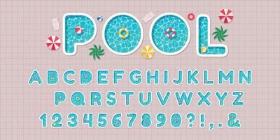 Pool party font. Swimming pools alphabet letters and numbers with water surface texture, beach umbrellas and swim rings set vector