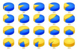 Isometric pie chart animation. Round 3D percent graph, proportion infographic and percentage share illustration set vector