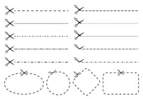 Scissors cut line. Voucher or coupon cutout dashed lines with scissor icon and frames for cutting set vector